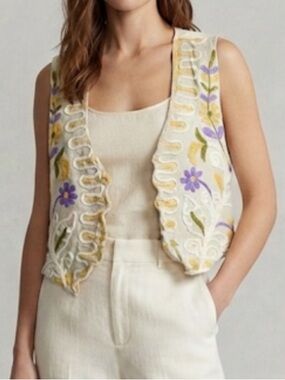 ADOLFO INTERNATIONAL Vintage Linen Blend Floral Embroidered Vest Small